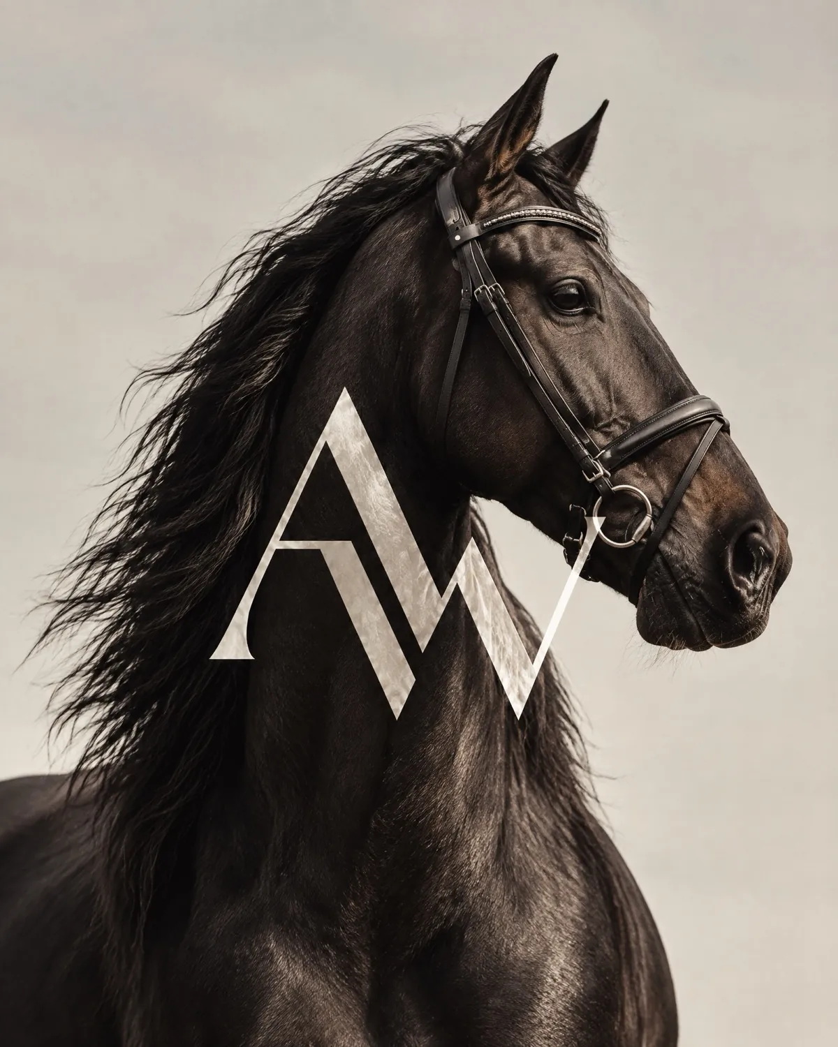 Schwarzes Pferd mit Trense, dahinter das AW-Monogramm